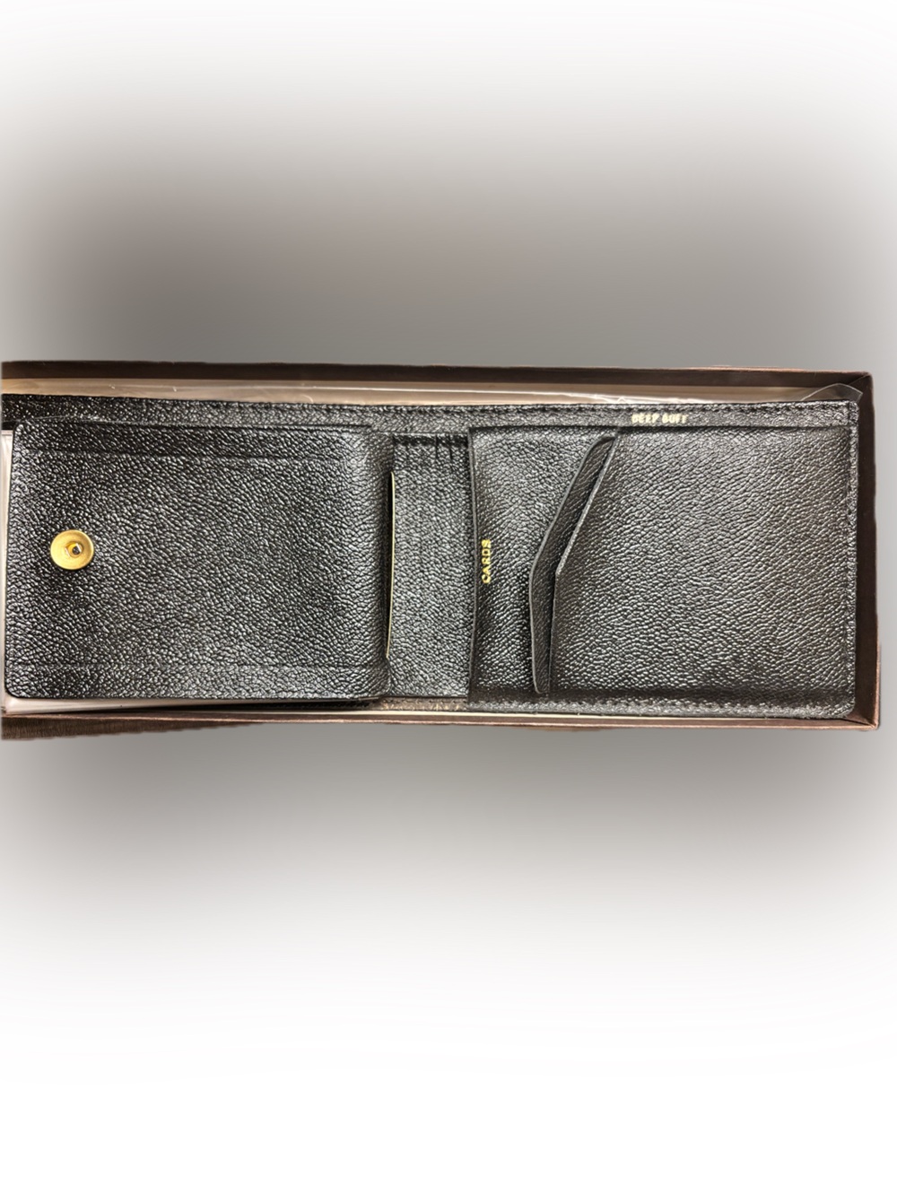 Black Pebbled Leather Card Wallet with Gold Foil Text